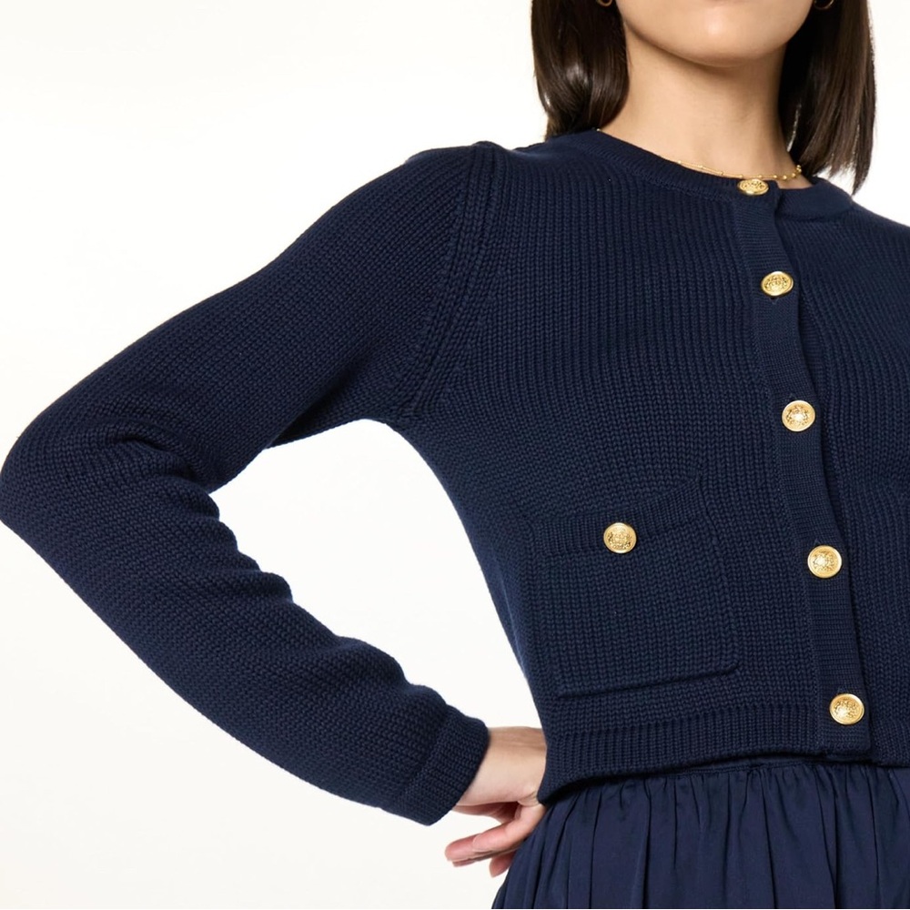 Chic Navy Cardigan with Gold Accents